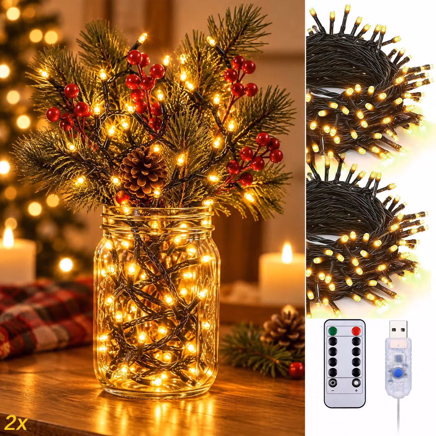 2 catene luminose da 10 metri con 100 LED ciascuna, luce calda, con telecomando, alimentazione USB, timer, dimmer, 8 modalità di illuminazione, ideali per decorazioni natalizie, compleanni, camere da letto, balconi