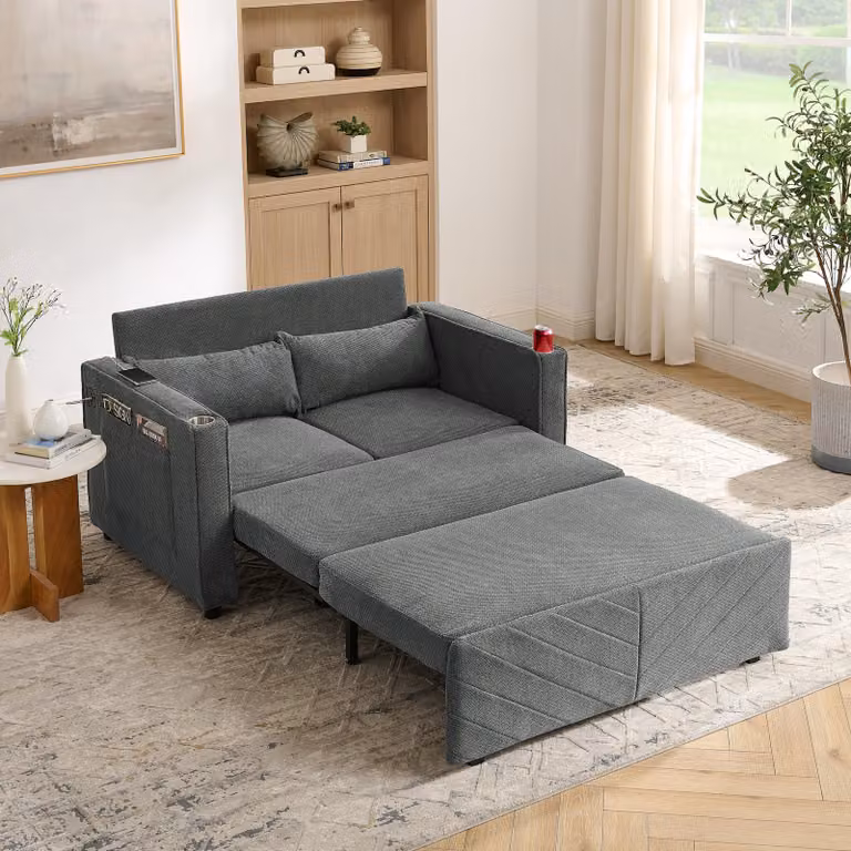 MODFU Divano letto 2 posti, sistema scorrevole, porta USB, imbottitura, funzione relax, ideale per piccoli appartamenti, colore grigio scuro