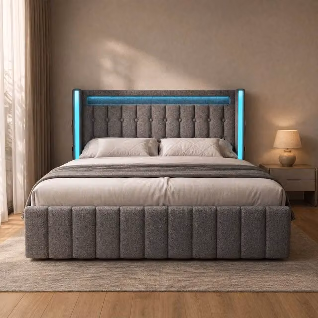 Letto matrimoniale imbottito 160 × 200 cm con ricarica USB e Type C LED quattro cassetti rete a doghe in legno grigio