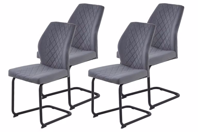 Tavoli Hela, set da 4 tavoli a sbalzo Oslo con rivestimento in velluto grigio, struttura in tubolare tondo nero, schienale con trapuntatura a rombi, schienale ergonomico, portata massima 140 kg