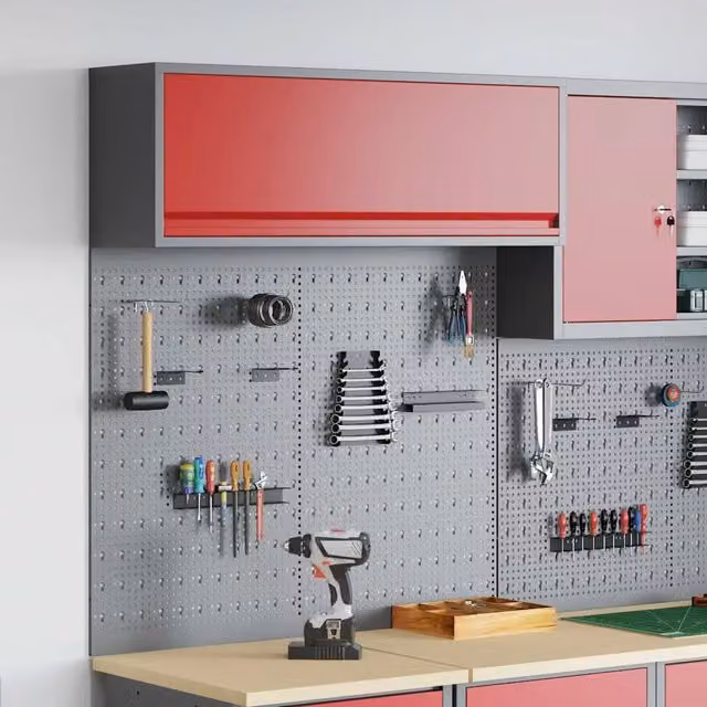 Set di 3 armadi per attrezzi con scaffale vidaXL in acciaio, rosso e grigio, montabili a parete