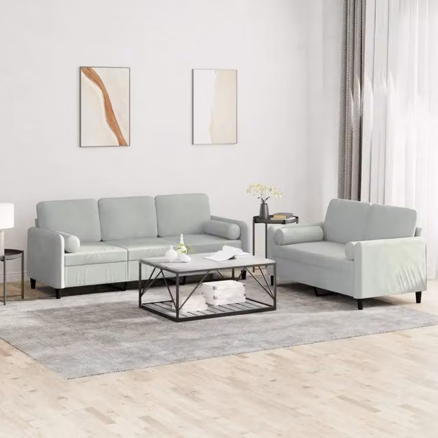 Set di divani vidaXL in velluto grigio composto da un divano a 2 posti e uno a 3 posti con cuscini coordinati e braccioli per il tuo soggiorno