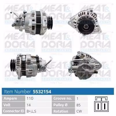 MEAT & DORIA 5532154 Alternatore 110 A 14 V per HYUNDAI TERRACAN (HP) e MITSUBISHI L 300 III Bus (P0W, P1W, P2W)