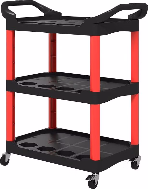 Carrello da officina Fortuna Lai a 3 ripiani, carrello portautensili con maniglia, fori per ganci per utensili, carrello di montaggio per garage, magazzino, carico massimo 91 kg, rosso+nero
