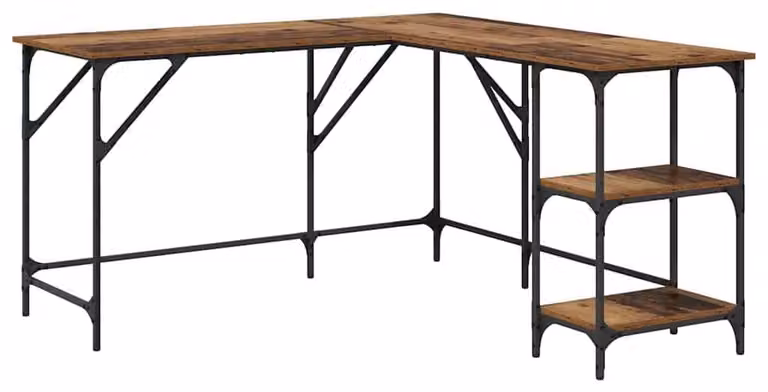 Scrivania a forma di L in legno massello con gambe in acciaio, dimensioni 139x139x75 cm