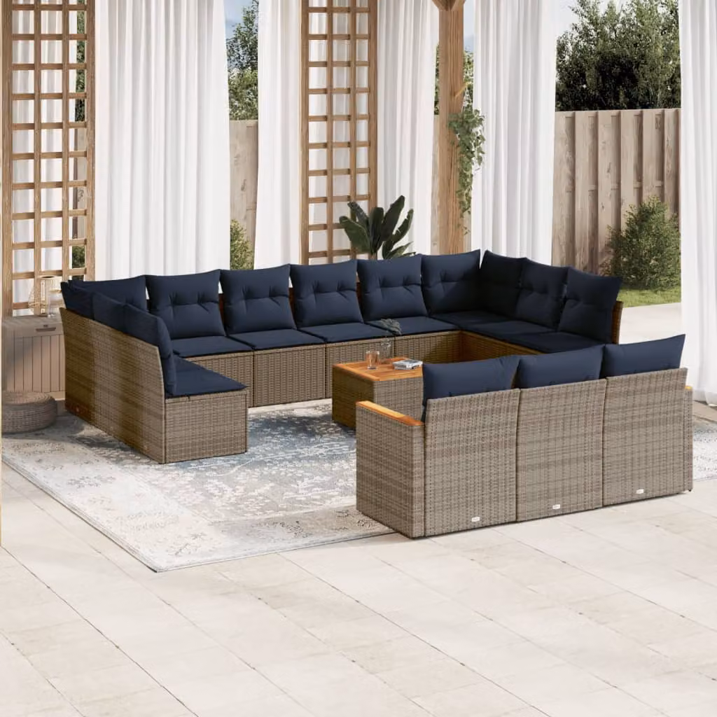 Set Divani da Giardino vidaXL 14 pz a Forma a U con Tavolino e Cuscini Grigio e Blu in Polyrattan e Legno di Acacia