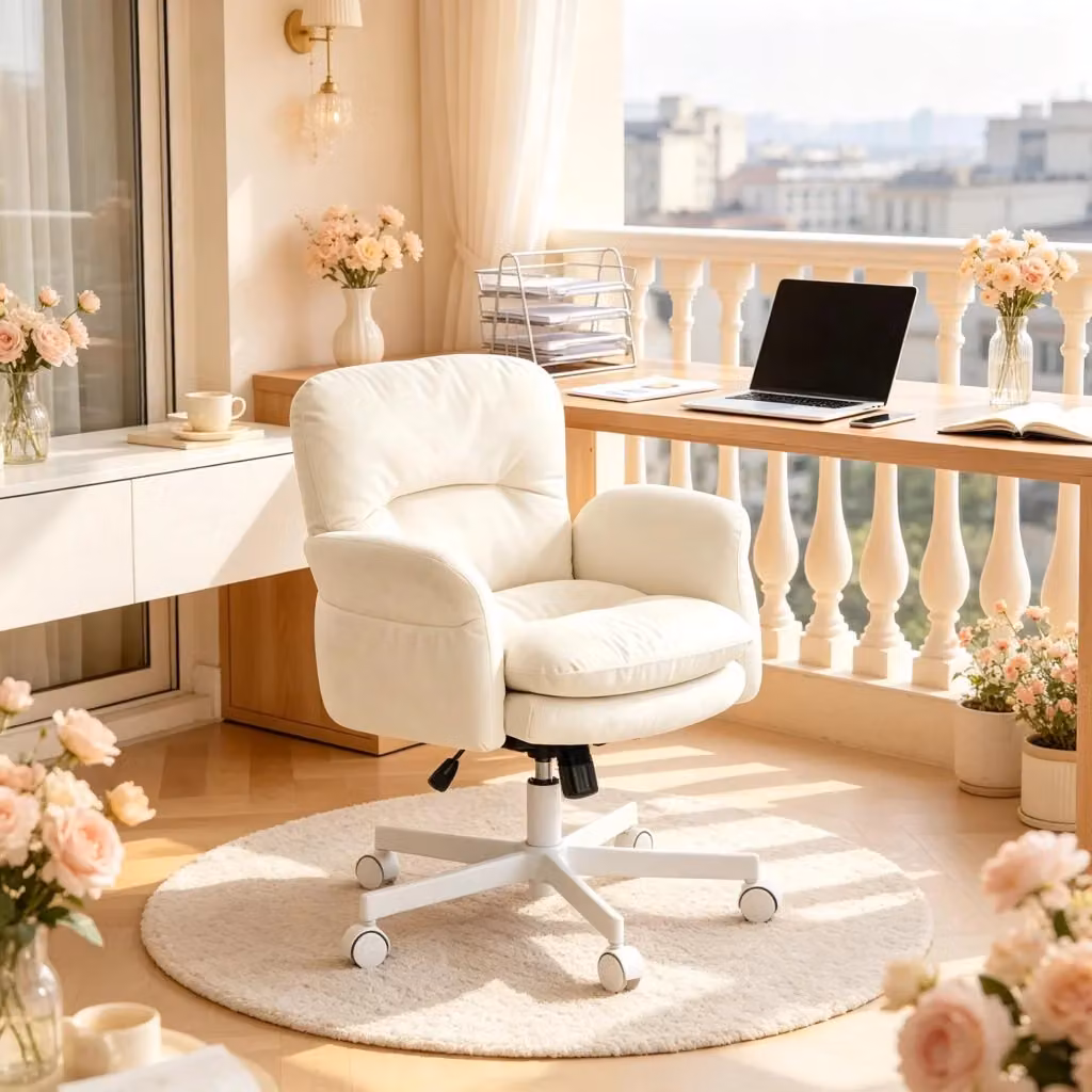 Sedia girevole moderna WISHDOR in tessuto beige e bianco con base in metallo e ruote – 2