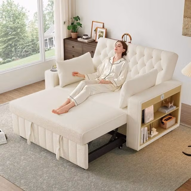 Divano Letto Multifunzionale ¨C MINIMAL ¨C Beige, con Portabicchieri, USB, Cuscini, Contenitore
