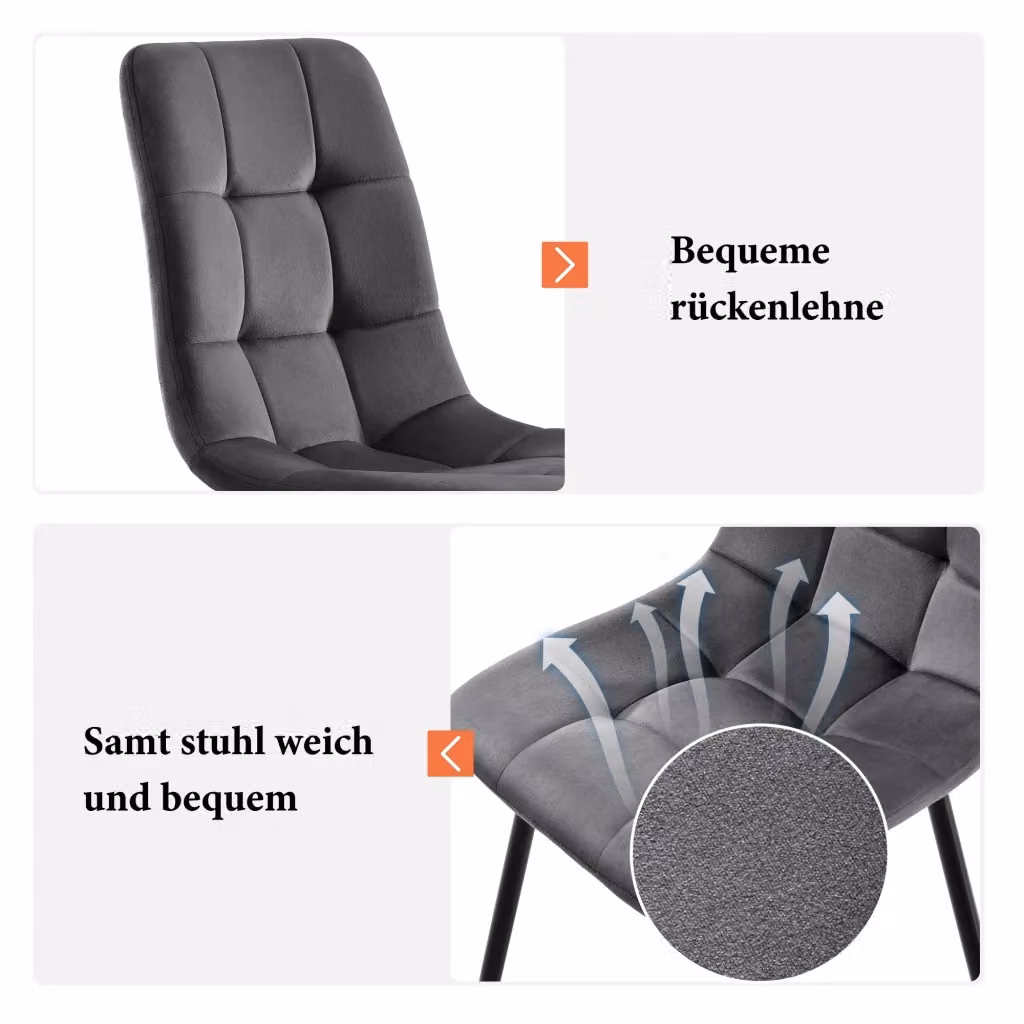 Set da 4 sedie da pranzo imbottite REDOM in velluto grigio con struttura in metallo e legno, L 44 cm x P 41 cm x H 86 cm – 2