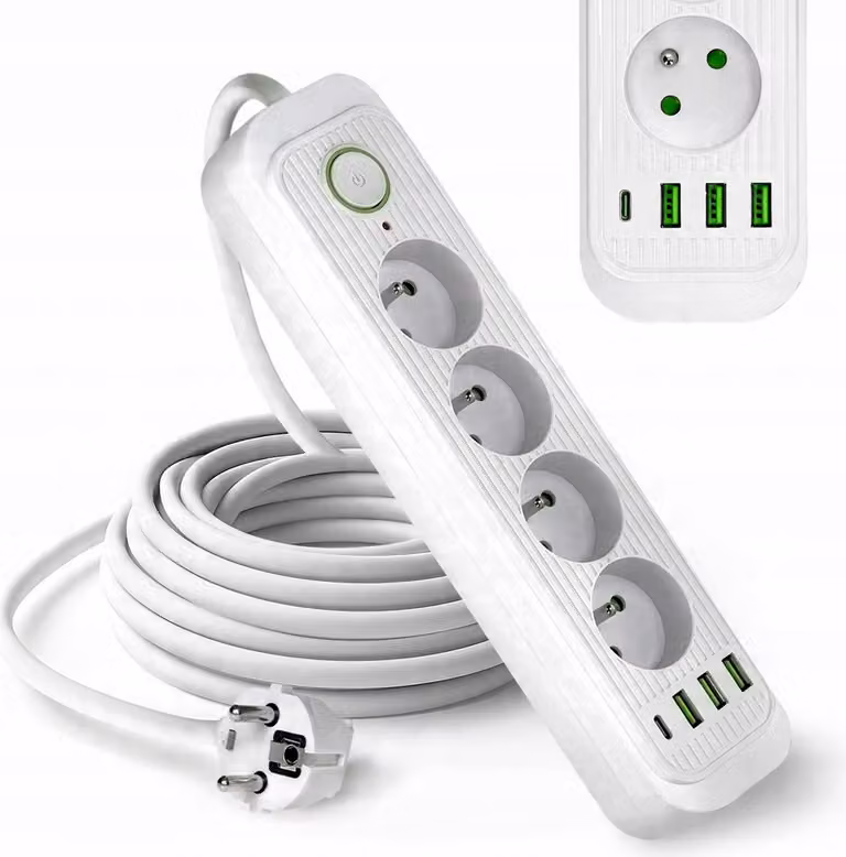 Presa di corrente KOBI CONNECTO Bianco 4 prese 5 m CAVO DI ESTENSIONE con 4x USB CON interruttore ON/OFF e messa a terra