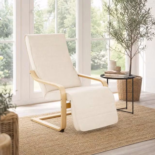 Poltrona relax 66;5 x 94 x 100 cm bianco crema; legno di betulla con poggiapiedi regolabile