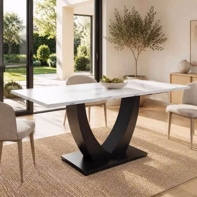 Tavolo da pranzo ULEVR 140x75x75,5 cm con piano MDF effetto marmo e struttura in metallo, bianco e nero
