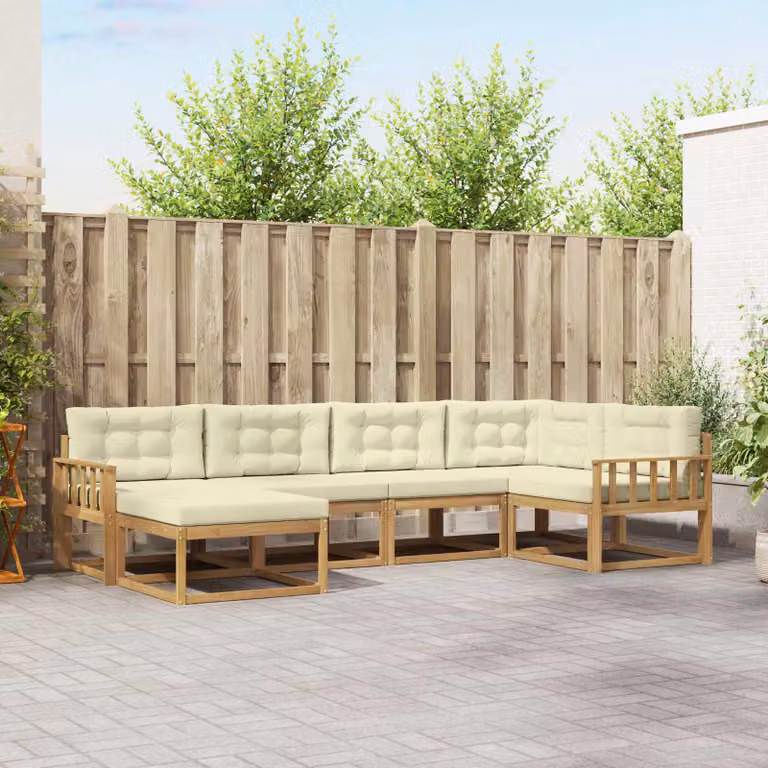 Set di divani da esterno a L vidaXL in legno di acacia con pouf e cuscini, Bianco e Beige