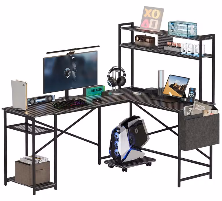 AIORBER: scrivania angolare a L con supporto per monitor e presa di corrente, scrivania per computer con supporto mobile per PC e tasca laterale, scrivania da gaming per l'ufficio in casa, finitura effetto legno nero
