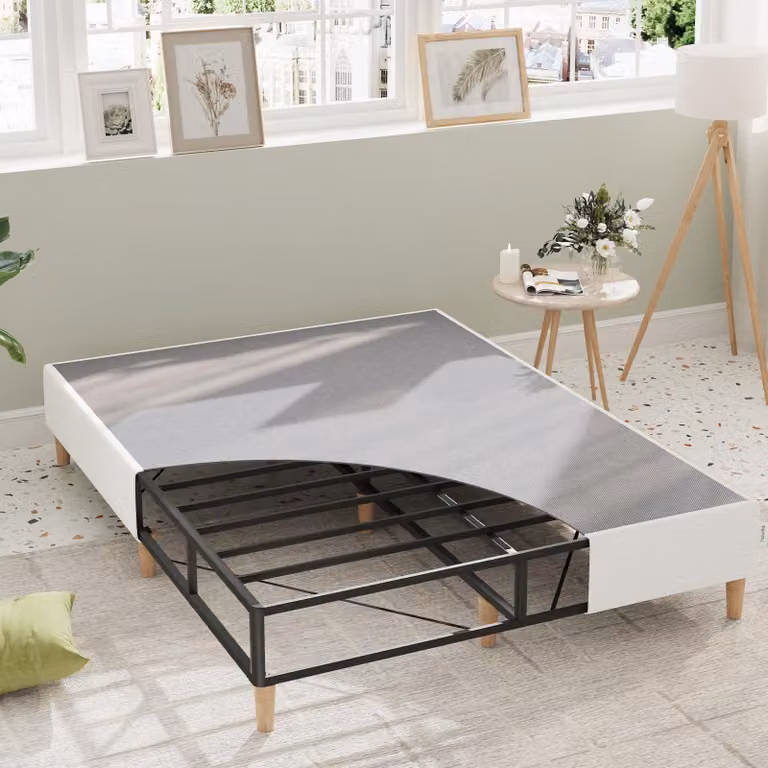 Struttura del letto in metallo, dimensioni 90x190 cm, colore grigio, altezza 35 cm, con rivestimento in tessuto