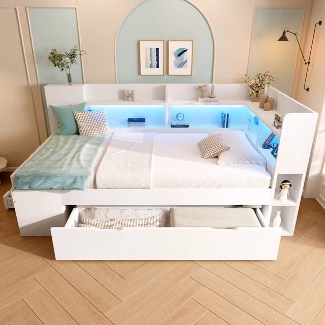 Letto Mivray con cassetti e materasso ibrido incluso, illuminazione LED e porte USB e Type-C, colore bianco, L/P/H: 90 x 200 x 112 cm