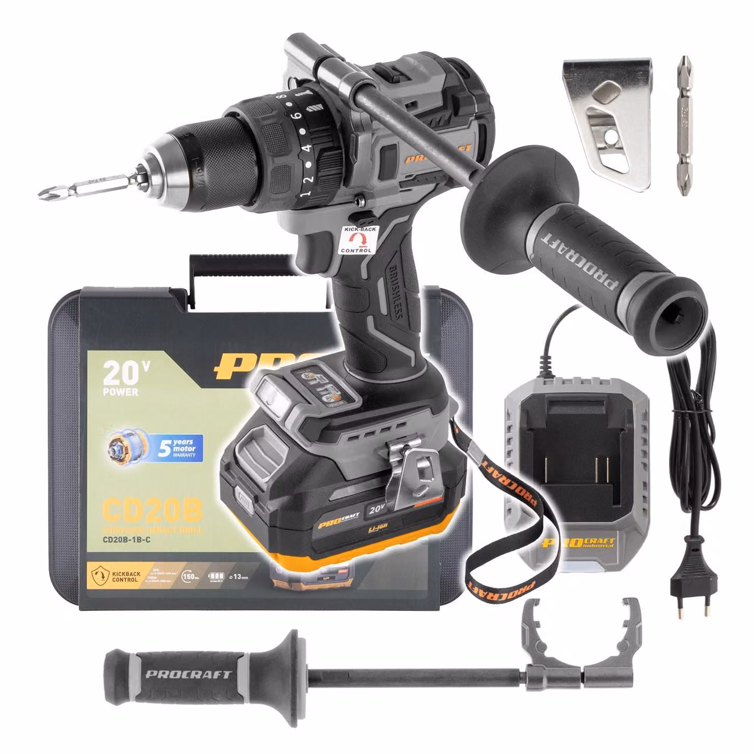 Procraft Industrial CD20B-1b Trapano avvitatore a percussione a batteria 20 V 150 Nm Brushless + 1x batteria da 4,0 Ah + caricabatterie + valigetta