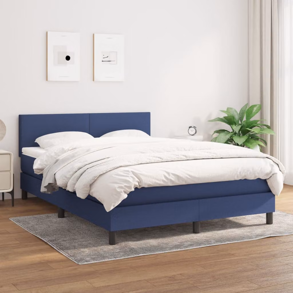 vidaXL Giroletto a Molle Ibrido con Materasso in Tessuto Blu e Bianco L/P/H: 140 x 190 x 88 cm – 1