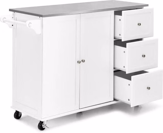 Carrello rotante da cucina con piano in acciaio 3 cassetti 2 ante ripiani regolabili, Carrello per isola Bianco