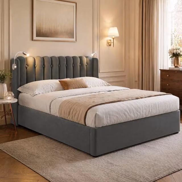 Letto contenitore 140x200 cm in velluto grigio con luce lettura e USB