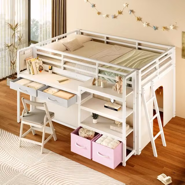 Letto a soppalco 140 x 200 cm con scrivania; scaffali e cassetti; metallo bianco per cameretta