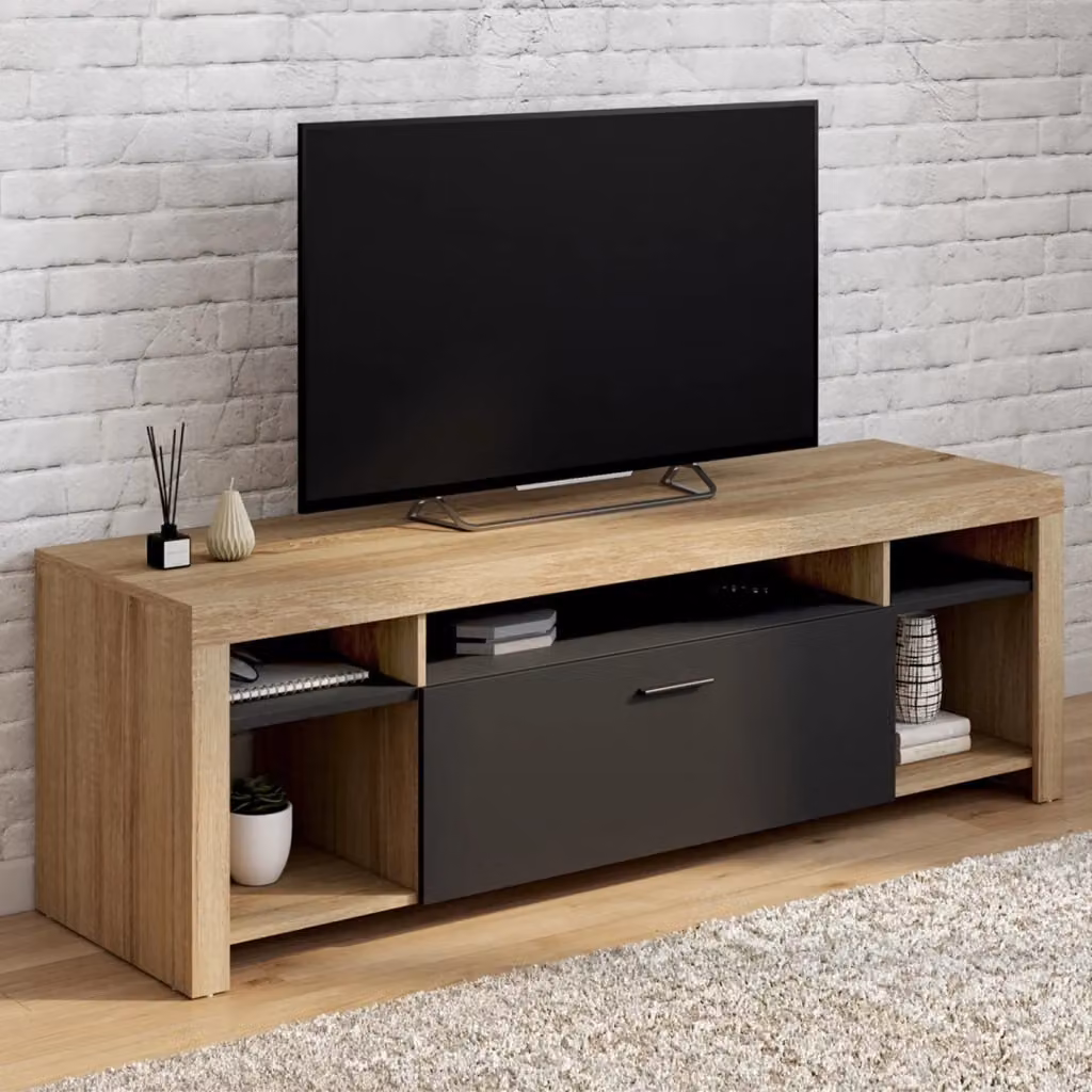 Mobile TV IDMarket MALO moderno in legno nero e marrone con armadietto, L: 140 cm, H: 46 cm, P: 40 cm – 2