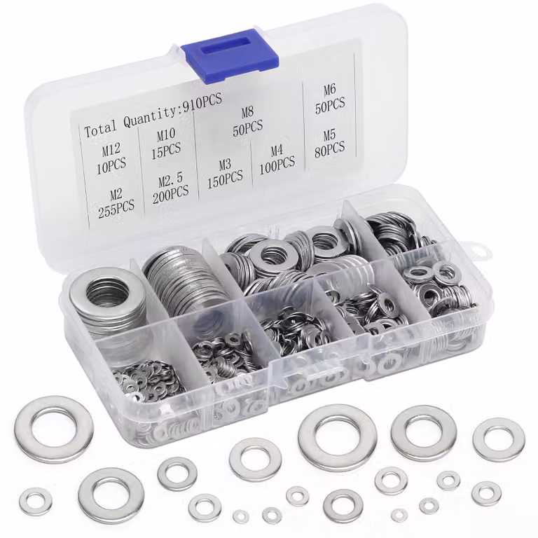 Set di 910 rondelle piatte in metallo, acciaio inossidabile, assortimento di dimensioni: M2, M2.5, M3, M4, M5, M6, M8, M10, M12