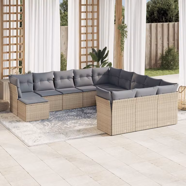 Set di divani da giardino vidaXL in polyrattan con cuscini beige e grigi a forma di U