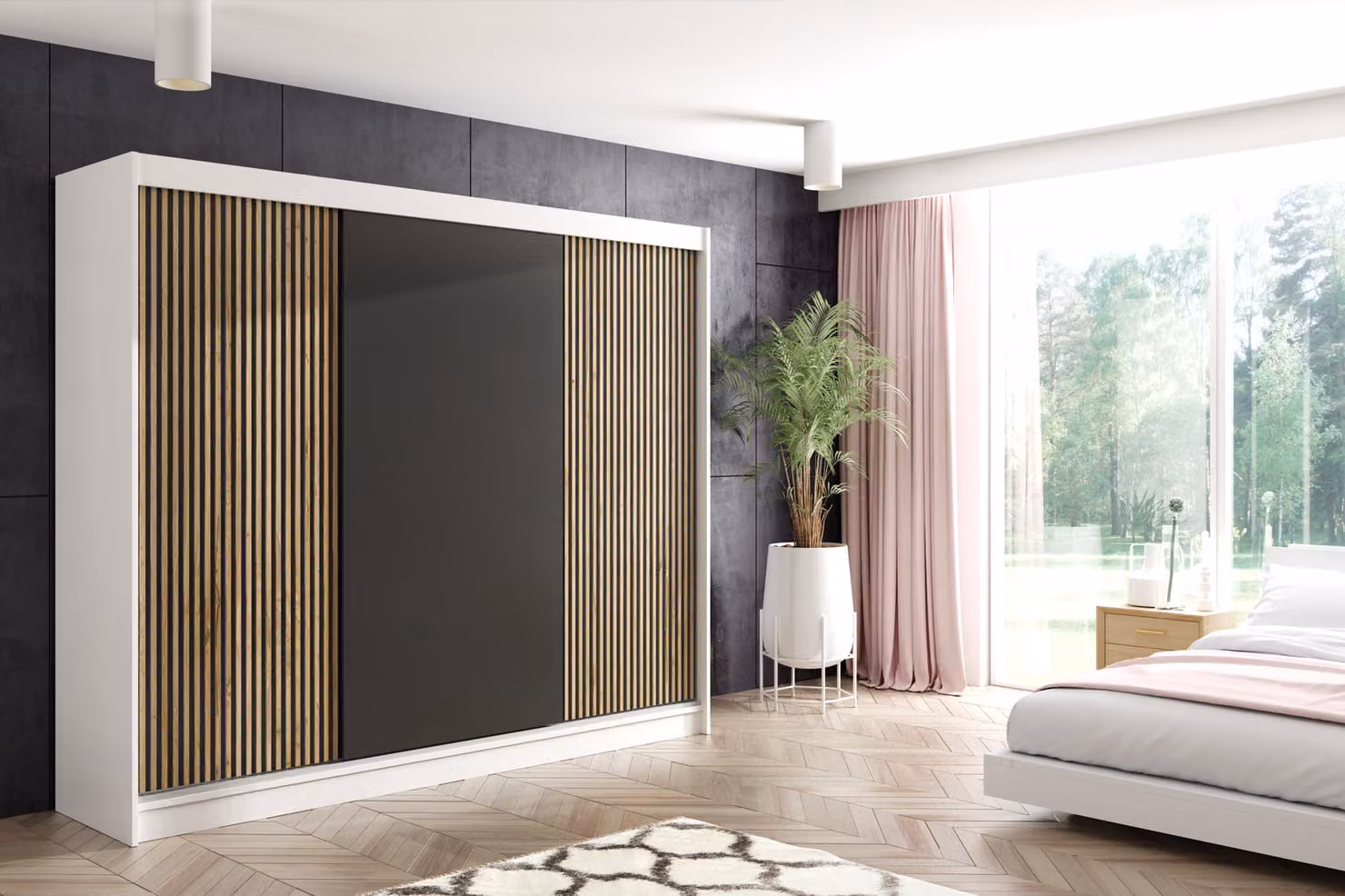 Armadio ALTDECOR con ante scorrevoli a lamelle, guide su cuscinetti a sfera e listelli in alluminio - VILO - 250 cm - Bianco/Rovere Wotan a lamelle