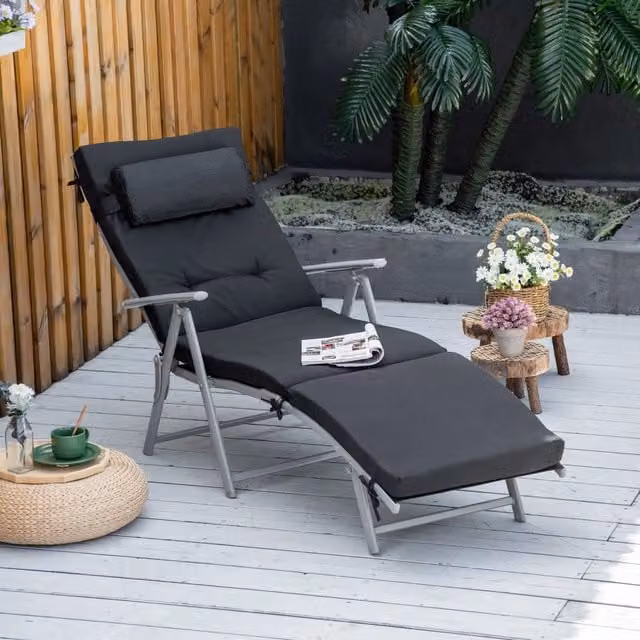 Sdraio Pieghevole OKWISH in Metallo Nero con Poggiatesta Regolabile per Esterni, Giardino e Balcone