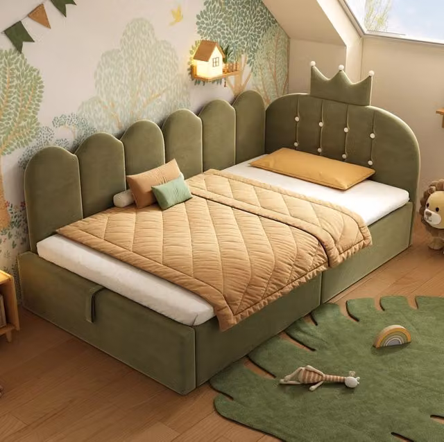 Letto da giorno 90x200 cm a L con contenitore idraulico; velluto verde
