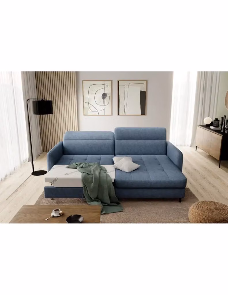 Divano ad angolo con funzione letto MEUBLORAMA collezione GOUMSI colore blu, con poggiatesta regolabile e contenitore, L/P/H: 228 x 165 x 128 cm – 2