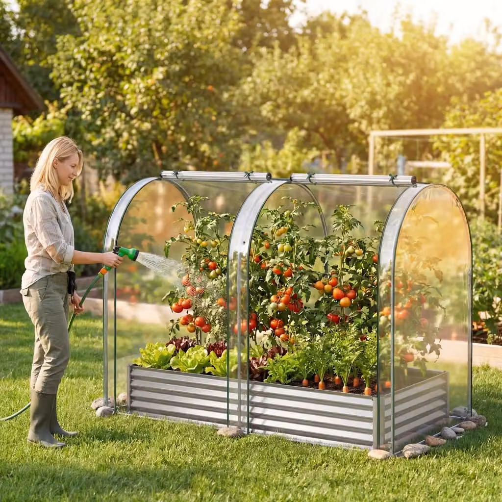 Orto rialzato da giardino con serra e sistema di drenaggio, fioriera esterna in acciaio galvanizzato con copertura protettiva per piante e fiori, Argento, L: 198 cm, P: 145 cm, H: 100 cm – 2