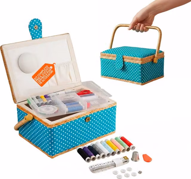 Cestino da cucito Avilia Home color turchese con 76 accessori inclusi e vassoio estraibile in tessuto