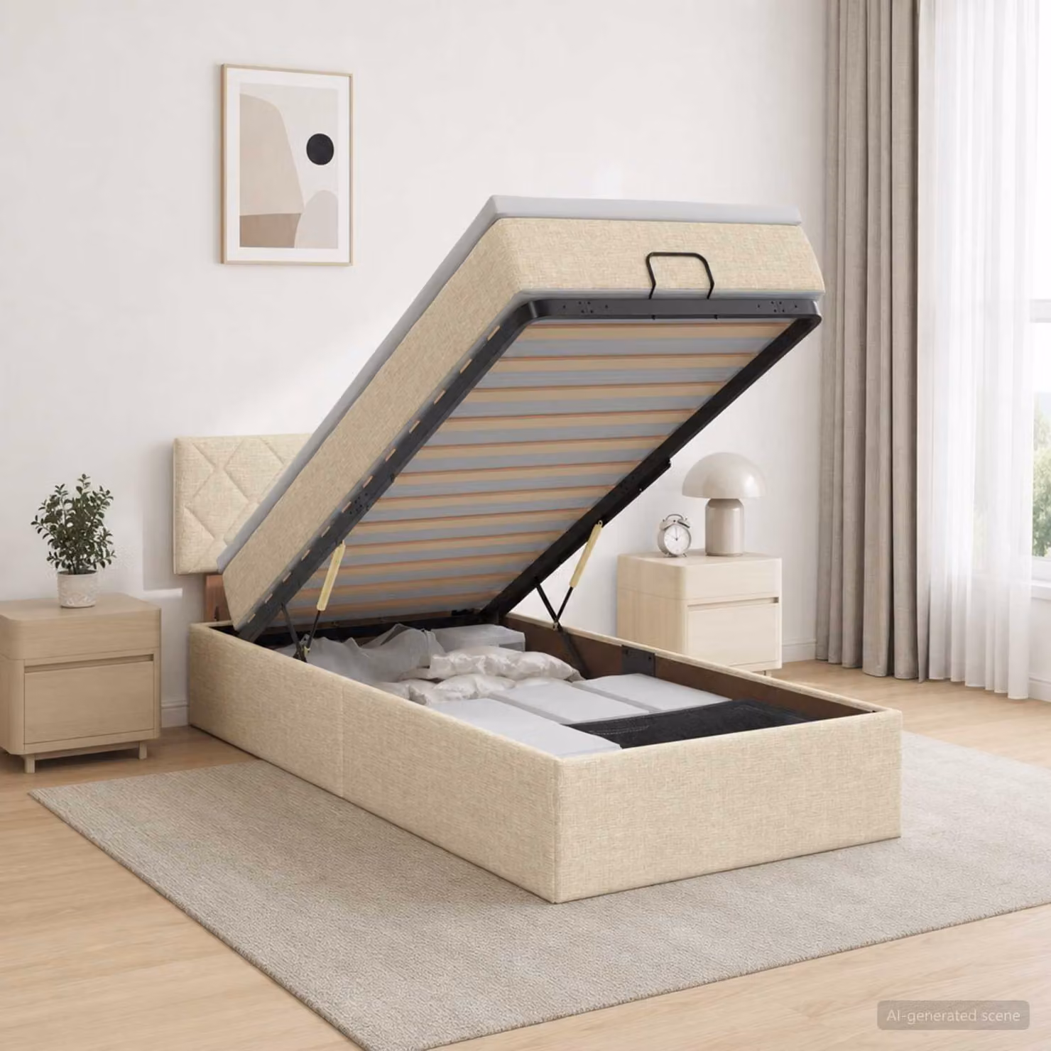 vidaXL Letto ottomano con materasso beige in tessuto e struttura in legno e metallo L/P/H: 190 x 90 x 40 cm