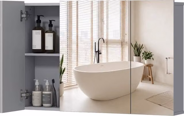Specchio Armadietto da Bagno Minimal Grigio con Illuminazione LED e Ante Soft Close L: 60 cm, P: 30 cm, H: 15 cm