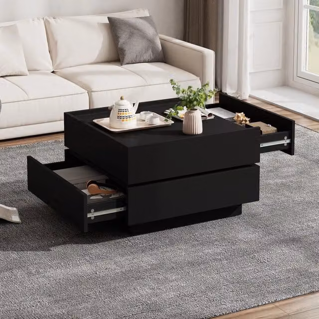 Tavolino basso fisso con piano girevole a 360 gradi e 2 cassetti in truciolato nero 60 × 60 × 38 cm