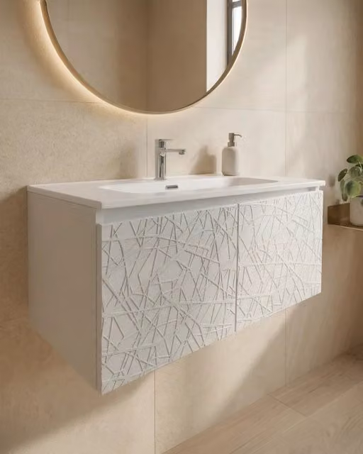Mobile da bagno sospeso bianco laccato con 2 ante fresate e vasca in ceramica Larghezza: 110 cm