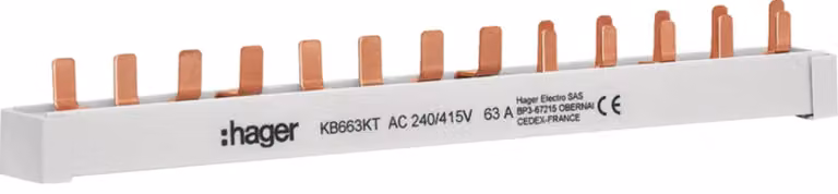 Hager, barra di collegamento trifase a morsetto, 4 poli, 63A, 10mm², 13 moduli, per 1 interruttore differenziale 4P, 1 interruttore magnetotermico 3P+N e 5 interruttori magnetotermici 1P+N, lunghezza 249mm, 1 pezzo.