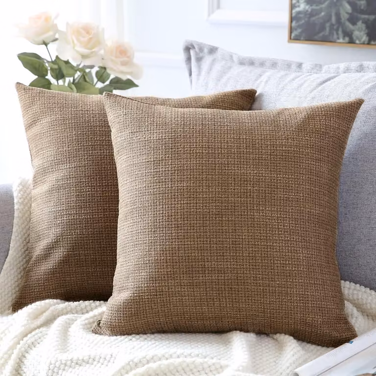 Coperte per cuscini, set da 2, in lino, decorative, quadrati, dimensioni 60 x 60 cm, per l'arredamento della casa, divano, camera da letto, auto (marrone, 24 x 24)