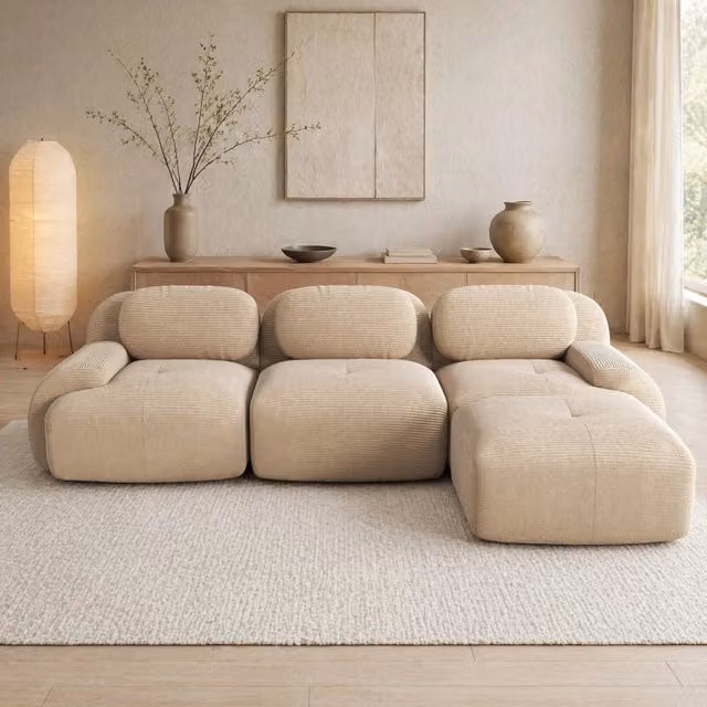 Divano angolare modulare MIVRAY in velluto a coste beige con schiuma e fondo antiscivolo