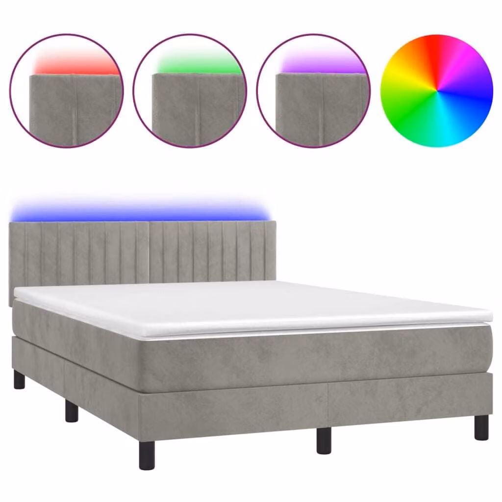 Letto a Molle con Materasso e LED Grigio Chiaro 140x190 cm Velluto