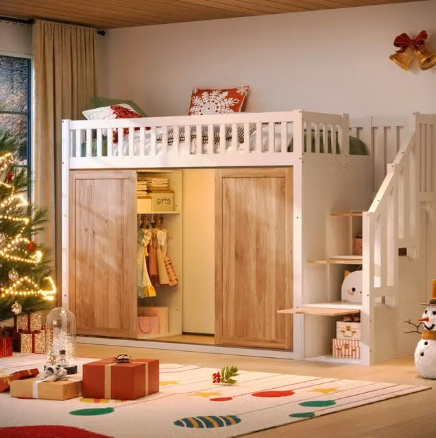 Letto a soppalco singolo per bambini con armadio, scala contenitore e luci, colore rovere e bianco, L/P: 200 x 90 cm