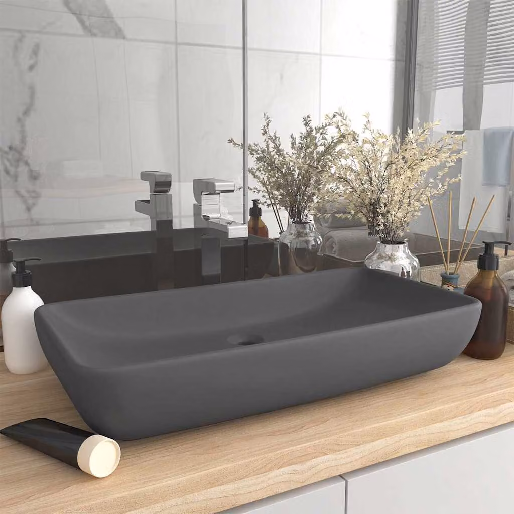 Lavabo da appoggio rettangolare vidaXL in ceramica grigio scuro opaco L: 71 cm, P: 38 cm, H: 13,5 cm – 1