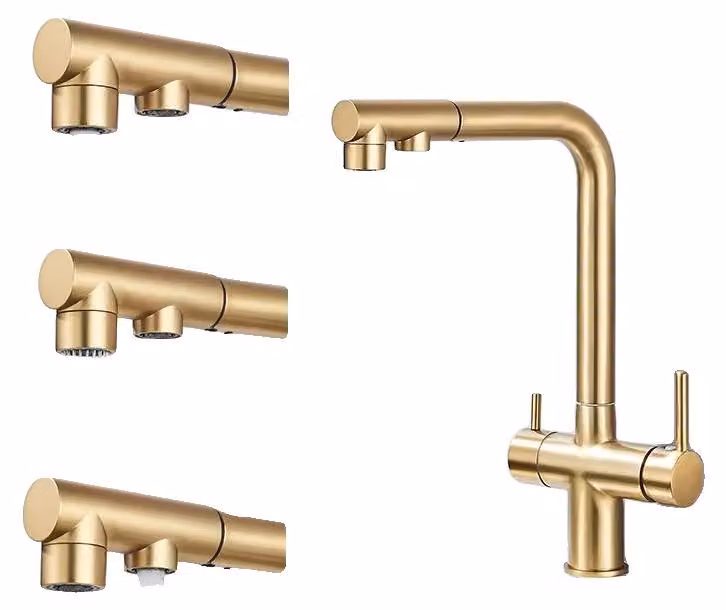 Filtro per l'acqua da installare sul rubinetto della cucina, con erogatore estraibile, miscelatore per acqua calda e fredda, finitura oro spazzolato