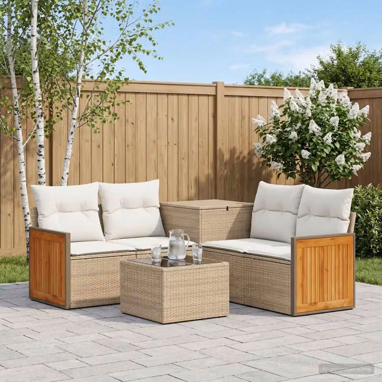 Set di divani da giardino vidaXL in polyrattan beige e bianco crema con tavolino e cuscini inclusi