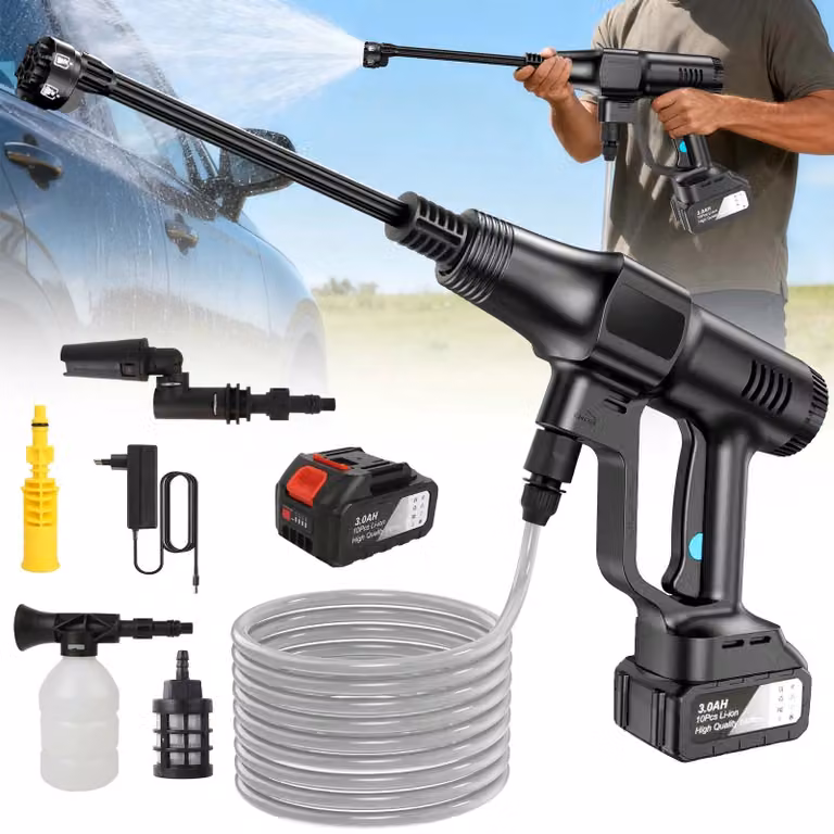 Idropulitrice portatile - Pistola ad acqua elettrica - Motore brushless - Ugello 6-in-1 - 3 livelli di pulizia - 1 batteria