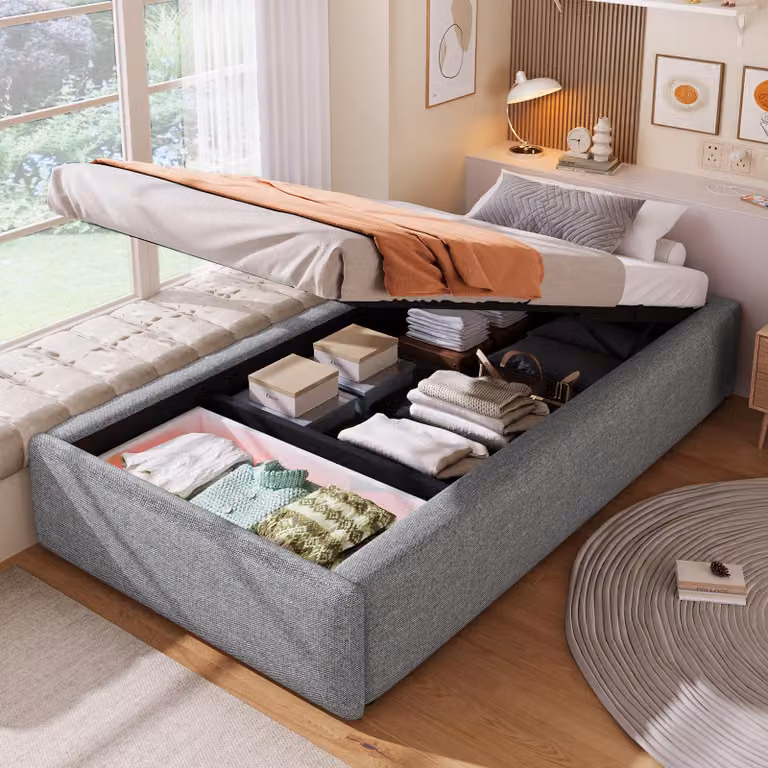 Letto imbottito 90x200 cm senza testiera, con vano contenitore idraulico e cassetto, rivestito in cotone e lino, capacità di carico fino a 150 kg, colore grigio, senza materasso
