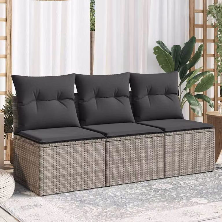vidaXL Divano da Giardino a 3 Posti in Polyrattan Grigio con Cuscini Imbottiti e Coperture Rimosse