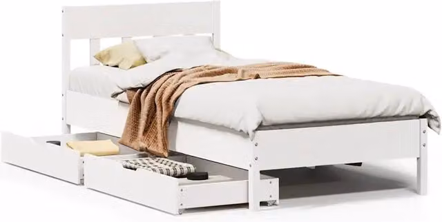 Letto singolo in legno massello di pino bianco con cassetti stile rustico L/P/H: 195.5 x 81.0 x 80.5 cm